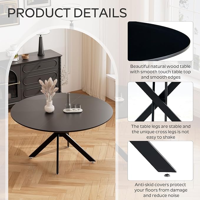 RGZ Mid Century Black Round Dining Table Set for 4, 47" Large Wooden Circle Kitchen Table & 4 Light Gray PU Leather Kitchen Chairs, Dinner Table Set for Home, Apartment, Dining Room