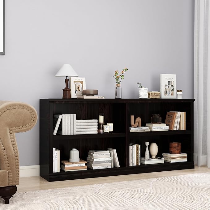 Double Wide Open Shelf Bookcase - 2 Tiers 4 Storage Cube Adjustable Space Book Case, Display Cabinet Organizer with Bookshelf, 64.8 inch Width Indoor Furniture for Home Library Office, Dark Cherry