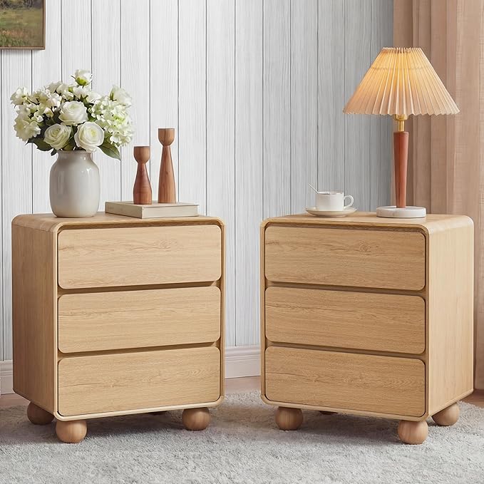 AVZEAR Modern3 Drawer Dresser for Bedroom, Curved Wooden Dresser Chest of Drawers, 3 Drawer Nightstand Closet Clothes Storage Organizer for Kids Bedroom, Living Room, Nursery, Natural