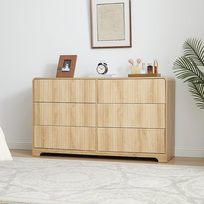 Fluted 6 Drawers Dresser for Bedroom, 53" Wide Mid Century Modern Chest of Drawer with Curved Profile Design, Large Double Wood Dresser for Living Room