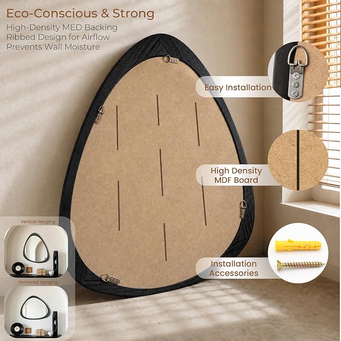 24" x 19" Asymmetrical Wall Mirror with Black Wood Frame, Irregular Wall Mirror for Bedroom Entryway Living Room, HD Tempered Glass, Horizontal or Vertical Hanging