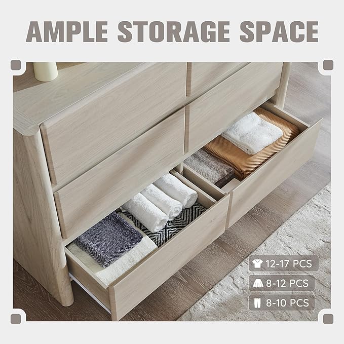 Modern 6 Drawers Dresser for Bedroom, 47" Wide Dresser w/Large Storage & Rounded Corner, Wood Handleless Chests of Drawers w/Natural Texture for Bedroom, Hallway, Living Room-Cream