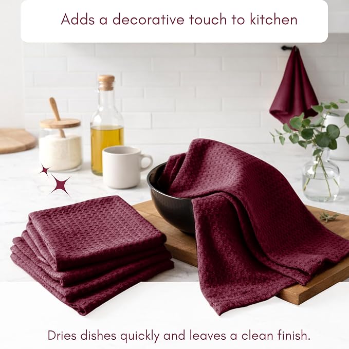 TWINY threads Dish Towel Waffle Weave, Set of 4, 16x26 Inch, Premium Large 100% Cotton Kitchen Linen Pack, Absorbent Cloths for Drying Dishes, Cookware, Quick Drying, Machine Washable, Burgundy Wine