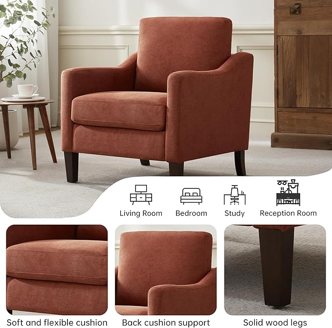 VKNOW Mid Century Modern Accent Chair, Upholstered Living Room Chairs Armchair for Bedroom, Comfy Reading Accent Chairs with Wood Legs for Living Room (2, Orange)