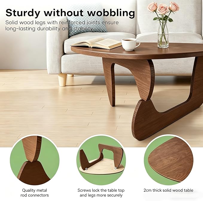 Solid Wood Coffee Table, Mid-Century Modern Triangle Center Table for Living Room, Triangular Wood Tea Table, Fingerprint-Free & Shatterproof, Walnut, 43.3" L x 27.5" W x 16.5" H