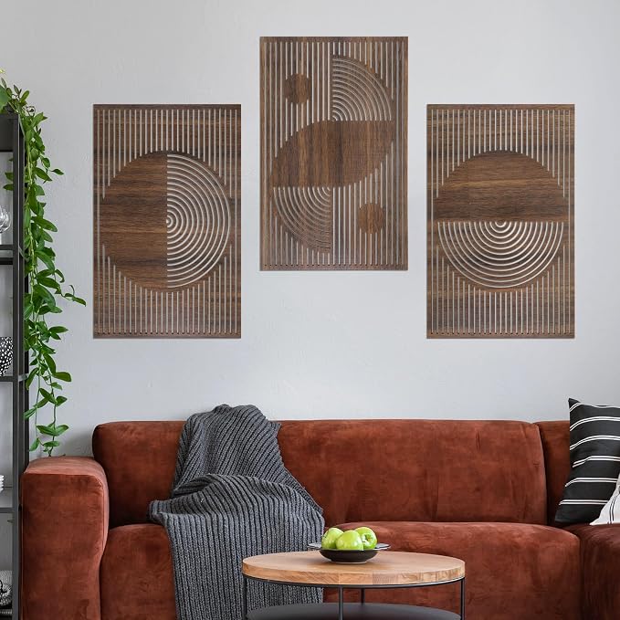 Yerliker 3 Pcs Mid Century Modern Wood Wall Art Decorations 3D Geometric Abstract Wall Sculpture for Living Room Bedroom Office Minimalist Aesthetic (Mid-century Modern,15.75 x 15.75 x 1.97 Inch)