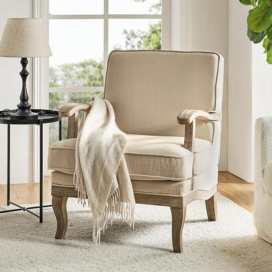 HULALA HOME Mid-Century Modern Accent Chair, Upholstered Lounge Arm Chair with Solid Wood Legs and Armrest, Removable Cushion Comfy Retro Reading Armchair for Living Room, Bedroom, Balcony, Linen