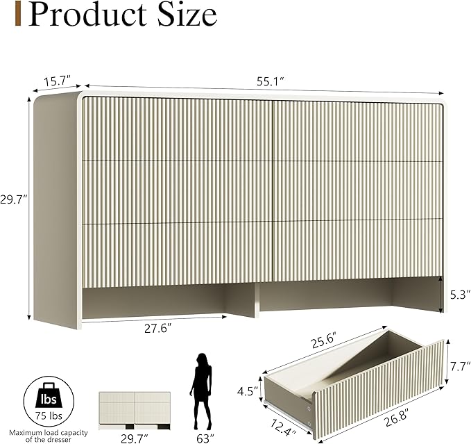 Beige 6 Drawer Dresser, 55" Wide Wood Chest of Drawers with Curved Design, Modern Fluted Dresser with Push-to-Open Storage for Bedroom