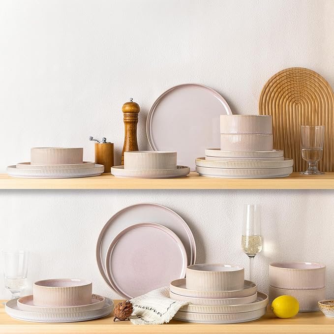 TheTerra Ceramic Dinnerware Sets for 6, 18 Pieces Porcelain Lightweight Plates and Bowls Sets, Scratch Resistant Dish Set, Oven & Microwave & Dishwasher Safe, Primrose Pink