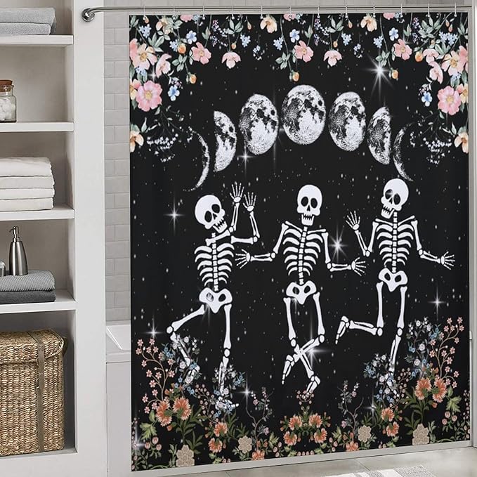 Skull Skeleton Flower Moon Shower Curtain Gothic Moon Phase Scary Horror Black Spooky Flower Holiday Waterproof Shower Curtains for Bathroom Decor 12 Pack Hooks 72x72in (183x183cm)
