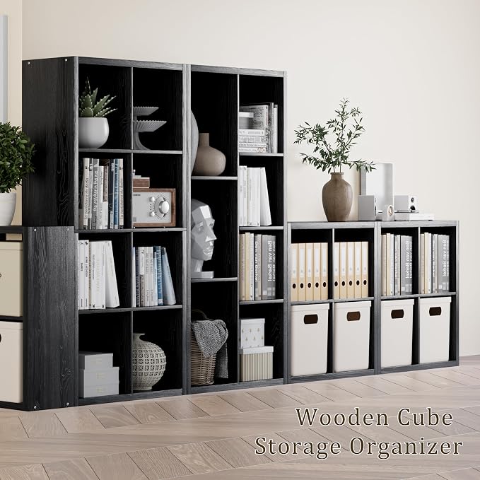 VDNEND Cube Storage Organizer Bookcase, Decorative 11 inch Open Back Cubical Shelf with Thickened Border, Display Bookshelf for Living Room, Home Office, Sturdy Room (Black, 7 Cube)