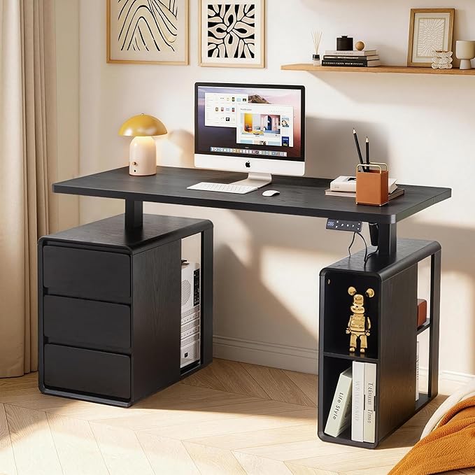 AVZEAR Farmhouse Electric Standing Desk, 55" Height Adjustable Computer Stand up Desk with 3 Drawers and Storage Shelf, Mid Century Modern Home Office Desk Wood Sit Stand Desks for Work, Study, Black