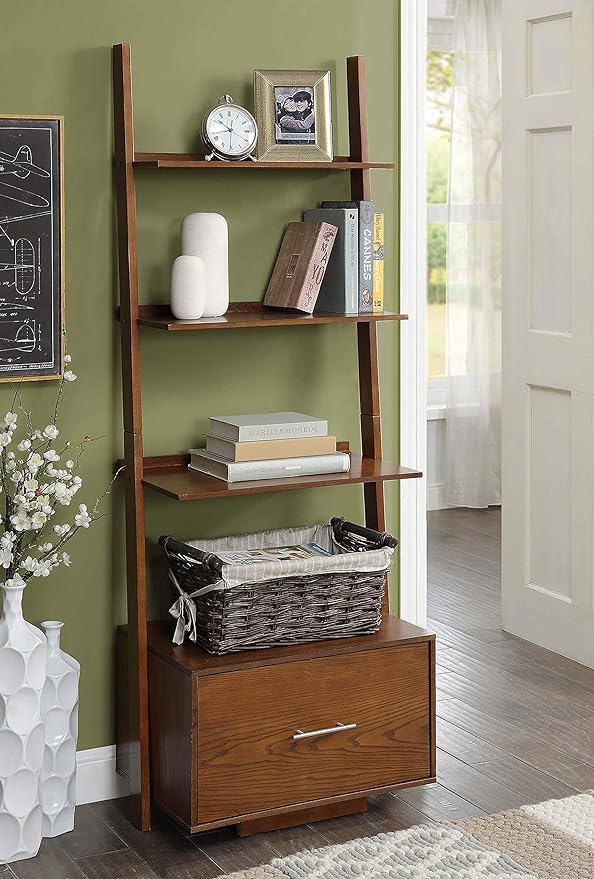 Convenience Concepts 3 tier American Heritage Ladder Bookcase with File Drawer, Dark Walnut