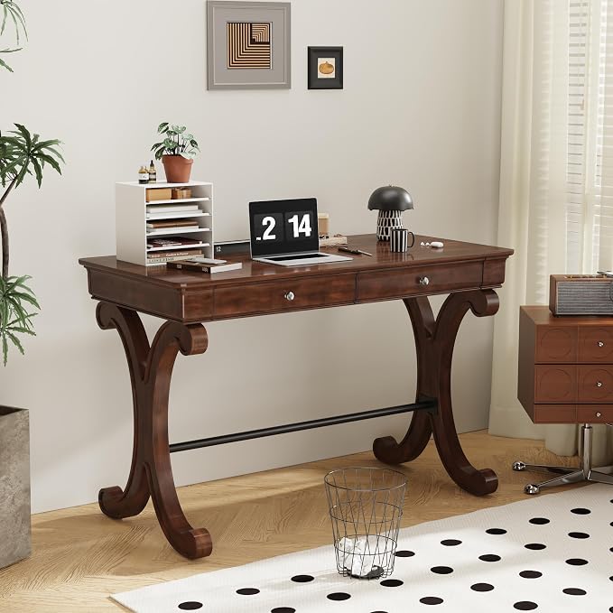 Mid-century Home Office Computer Desk with 2 Storage Drawers, Large 47"W French Provincial Vanity Desk Table with X Carved Legs, Solid Wood Dressing Desk, Console Table, Dark Cherry Red SSZ-D0036-DCR