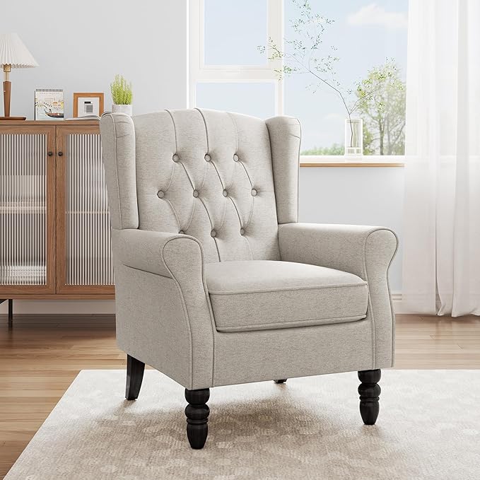 Accent Chair, High Back Upholstered Chair with Button Tufted, Mid-Century Modern Comfy Wingback Chair Reading Armchair in Fabric for Living Room for Bedroom, Office-Beige