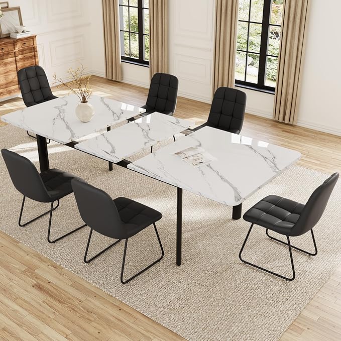 Extendable Dining Table Set for 6-8 People, 63 to 78.7 Inch MDF Kitchen Table with 6 Upholstered Chairs, Space-Saving for Dining Room, Breakfast Nook (White Table & 6 Black U-Shaped Chairs)