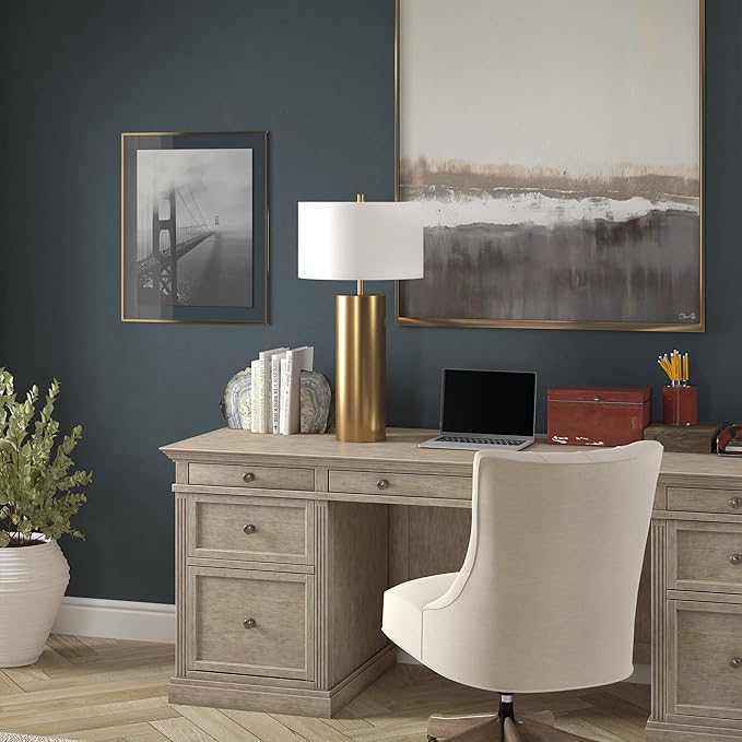 Henn&Hart 29.5" Mid-Century Modern 1-Light Table Lamp with White Fabric Drum Shade for Living Room, Bedroom, or Office, Brass