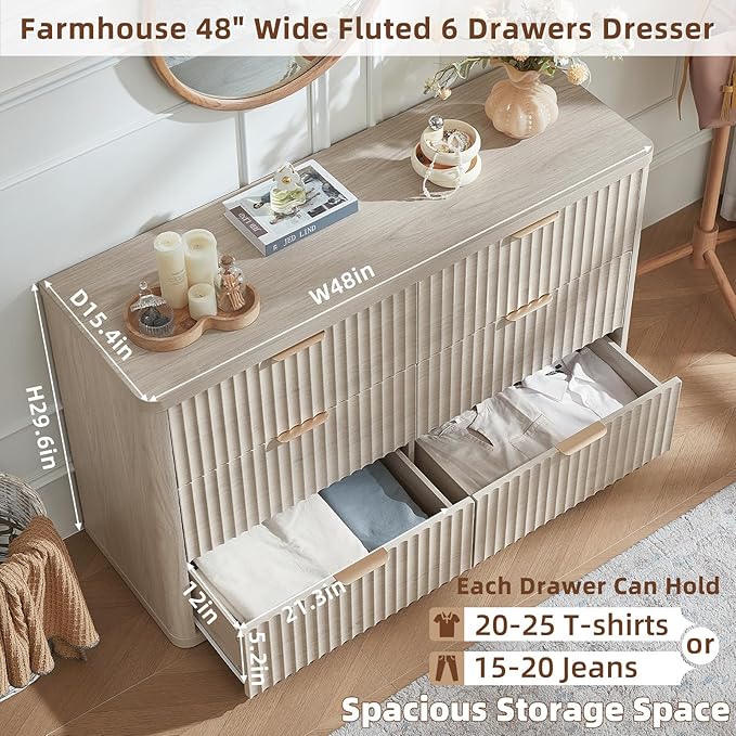 LEYAOYAO Fluted 6 Drawers Dresser Set of 2, 48" Wide Modern Chest of Drawers with Metal Handle, Light Grey Curved Profile Dresser TV Stand, Wooden Drawer Organizer for Bedroom, Living Room, Hallway