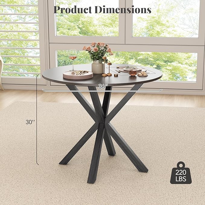 Moccha 36" Round Dining Table for 4 - Rubber Wood Kitchen Table with Intersecting Trestle Legs, Vintage Bar Table, Farmhouse Dining Room Tables for Dinette, Small Space, Restaurant, Bistro (Black)