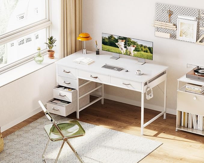 ODK Computer Desk with 6 Drawers, 48 Inch Office Desk with Storage, Reversible Desk with Headphone Hook for Home Office, Work Study Table Vanity for Bedroom, White