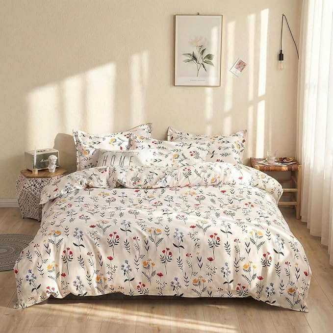 Duvet Cover King Size - 100% Cotton Red and Yellow Floral Duvet Cover Set with Zipper Closure, 3 Pieces Soft & Breathable Botanical Bedding Set for All Seasons