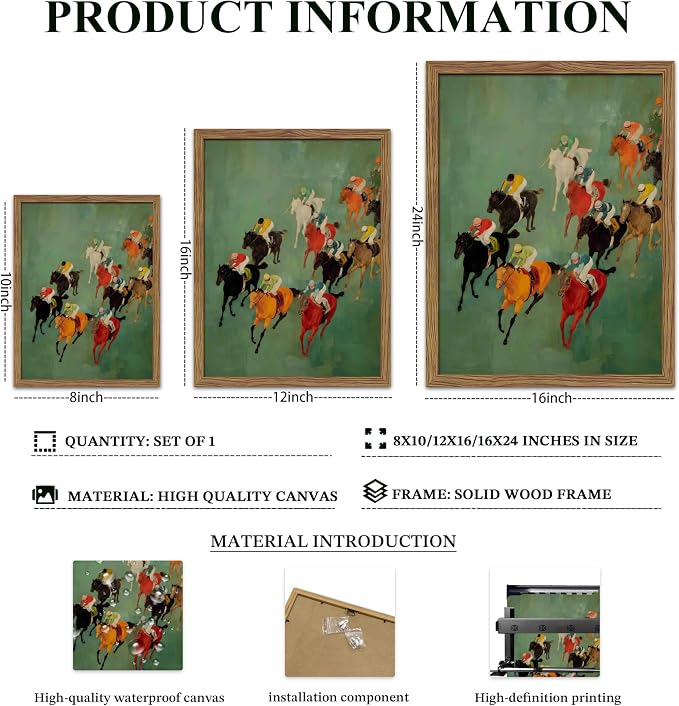Framed Vintage Abstract Wall Art, Retro Horse Racing Scene Poster Prints, Modern Classic Equestrian Canvas Artwork, Energetic Vibrant Sports Wall Decor for Living Room Office Game Room 16x24in