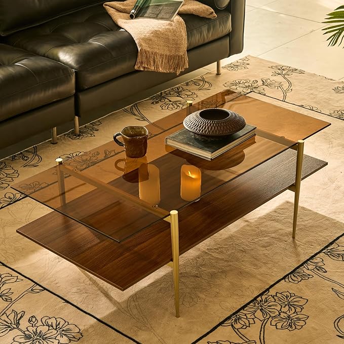 AGV LIGHTING Tadio Large Glass Coffee Table, Mid-Century Modern Coffee Table for Living Room, Gold Finish Leg, Coffee Brown Glass Top & Walnut Brown Shelf, 47 in