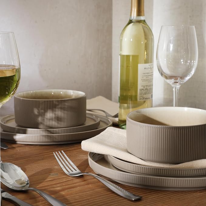 Gibson Elite Redrock Canyon 12-Piece New Bone China Dinnerware Set Service for 4, Reactive Glaze Plates and Bowls, Dishwasher and Microwave Safe, Taupe
