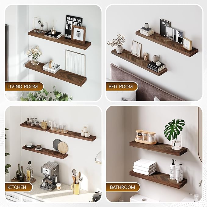 Howizz 24'' Chevron Floating Shelves for Wall, Acacia Wood Wall Mounted Shelves with Invisible Brackets, Rustic Wooden Shelf Set of 2 for Living Room, Bedroom, Bathroom, Kitchen Decor, Dark Walnut
