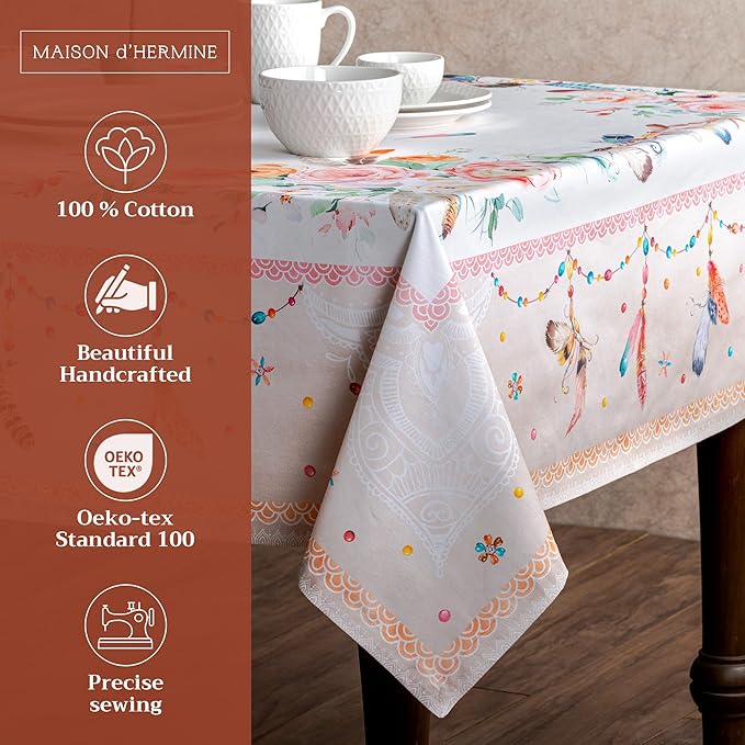 Maison d' Hermine Table Cloth Rectangle Table 100% Cotton 60 x 108 Inches Tablecloth Reusable Decorative for Dining Room Farmhouse Home Valentines Day Decorations Spring Summer - Ibiza - Beige
