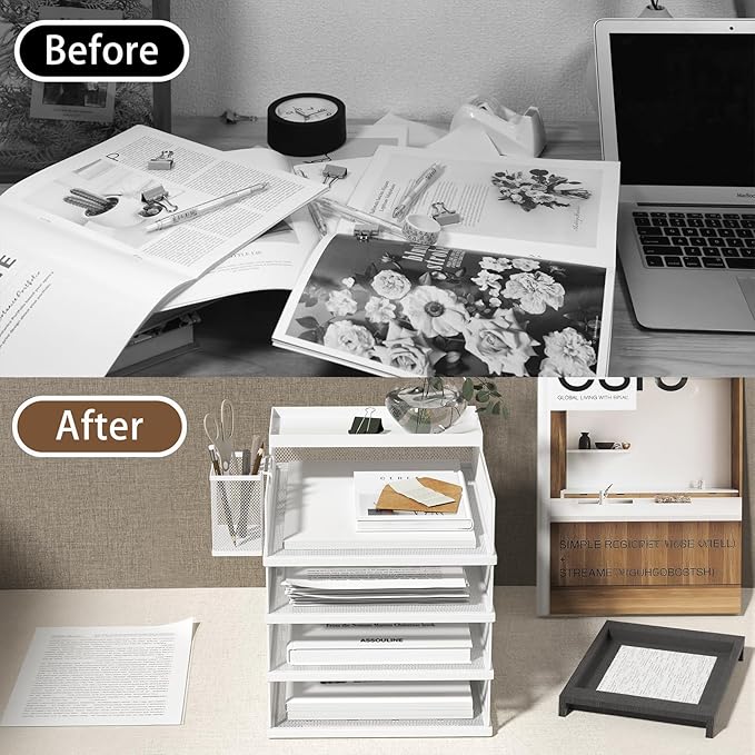 Stackable Letter Trays, 4 Tier Metal Paper Tray & Desk Organizer, Stackable File Trays for Office & Home, Multi-Functional Document Tray with Fine Grid Design & Magnetic Labels,White