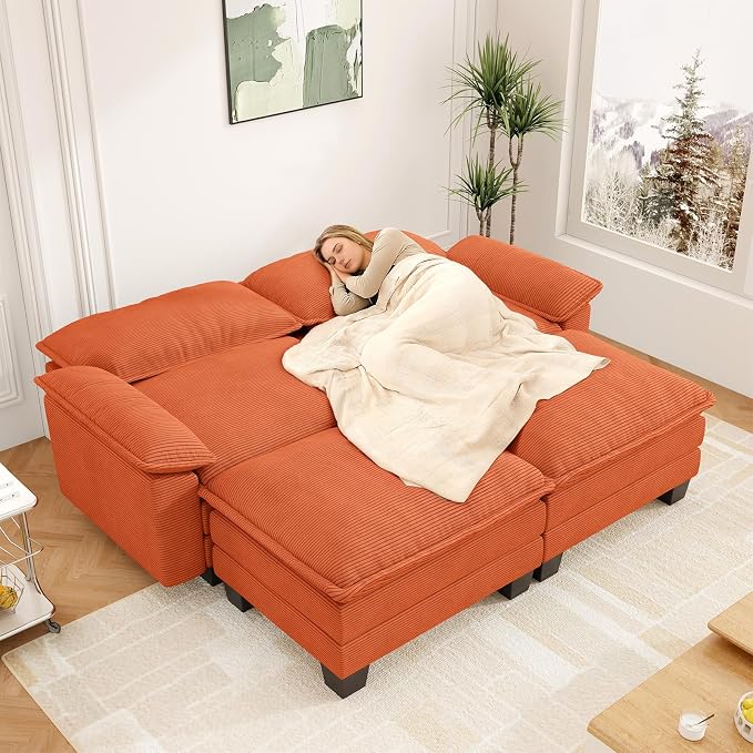 Modular Sectional Sofa Cloud Couch, Comfy Corduroy Loveseat with Ottoman Upholstered Deep Seat Sleeper Sofa Bed 2 Seater Couch Oversized Chaise Lounge Chair Indoor for Living Room Bedroom, Orange