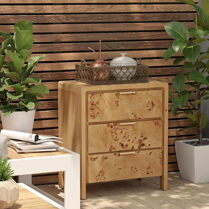COZAYH Set of 2 Burl Finish 3 Drawer Nightstand, Wood Rustic Farmhouse Dresser, Vintage Accent Storage Bedside Table for Bedroom Entryway, Fully Assembled, Natural