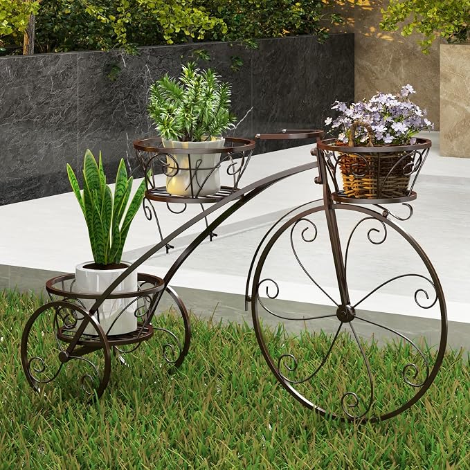 Giantex Metal Bicycle Planter, 3 Tier Tricycle Flower Plant Stand w/ 3 Decorative Wheels, Parisian Style Flower Display Stand Cart for Home Decor Patio Garden Flower Shop Indoor Outdoor (Bronze)