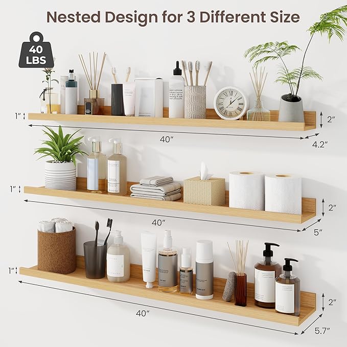Axeman 40 Inch Floating Shelves | Oak Picture Ledge Shelf Set of 3 | Rustic Wood Wall Shelves with Lip | 40" Oak Picture Shelf for Wall with Ledge | Photo Shelves
