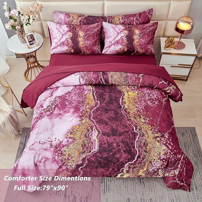 PERFEMET 6 Pcs Full Comforter Sets Burgundy Watercolor Marble Bed in A Bag Comforter Set Soft Lightweight Dark Red and Gold Bedding Quilt Set(Burgundy, Full)