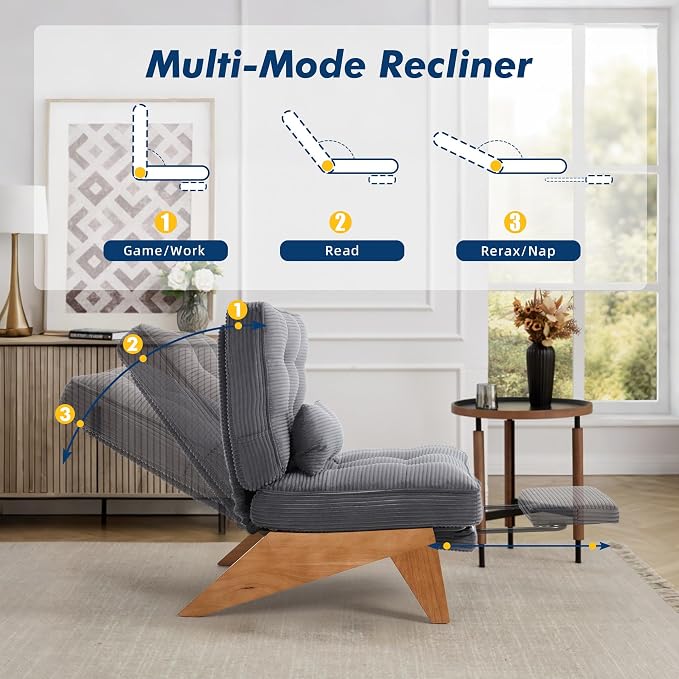 Accent Chair with Ottoman Adjustable Backrest, Stripe Living Room Chair Indoor Lounge Chair with Build-in Footrest Set, Modern Chair Cozy Reclining Chair for Reading Room, Grey