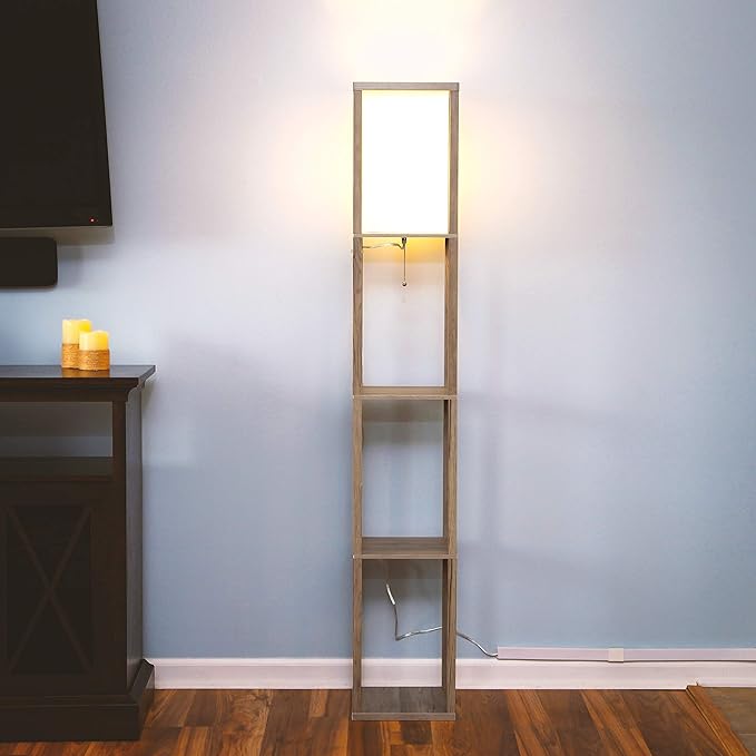Brightech Maxwell - Modern Shelf Floor Lamp with Lamp Shade & Warm White LED Bulb, Corner Display Floor Lamp with Shelves for Living Room, Bedroom, Nightstand Office, Home Decor Storage - Rustic Wood