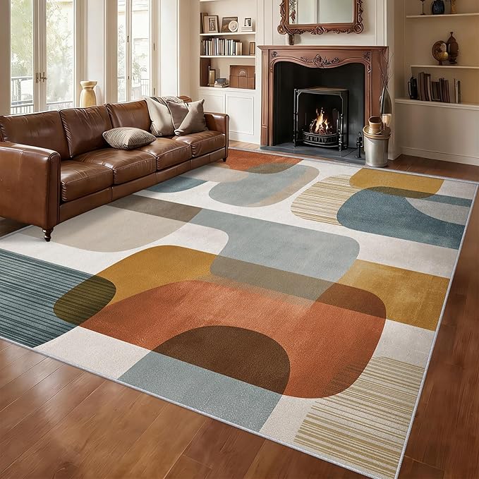 4x6 Mid Century Geometric Rugs for Bedroom Decor, Washable Mid Century Modern Pattern Area Rug, Living Room Home Decoration, Non Slip Soft Thin, Modern Abstract Decor Carpet PF-P 117