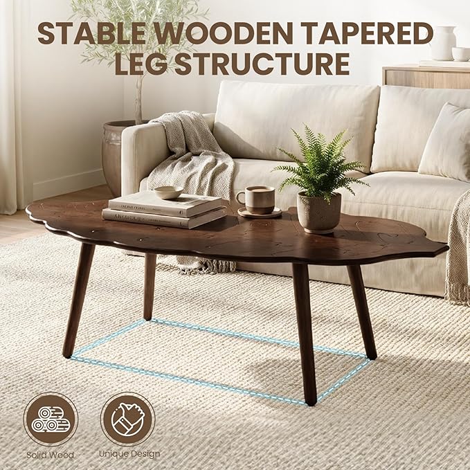 DUOMAY Mid-Century Modern Small Coffee Table, Solid Leaf-Shaped Wood Coffee Table for Living Room, Easy Assembly Center Table End Table with Wood Leg, Side Table for Bedroom Small Space, Brown