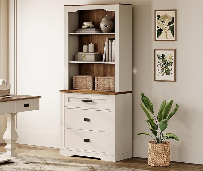 WAMPAT 73.3" Tall Bookcase with Chest of Drawers, 31.5 inch Wide Standing Rustic Bookshelves, Modern Farmhouse Display Storage Cabinet with Adjustable Shelves,Antique White