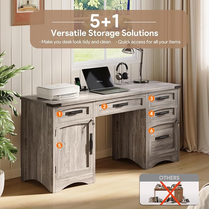 Decofy Farmhouse Executive Desk with Drawers, 55" Home Office Desks with Fast Charging Station, Lockable File Cabinet, Wood Writing Computer Desk for Work, Study, Grey