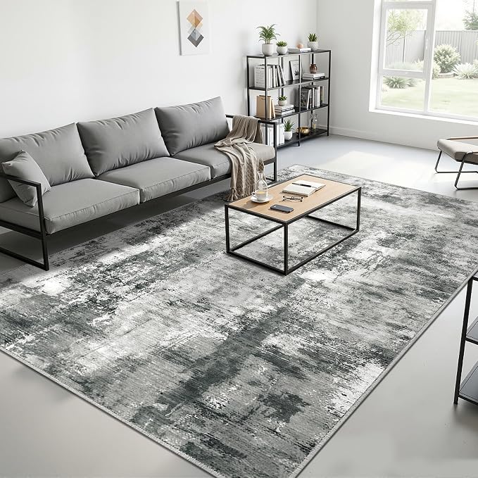 Merelax Washable Area Rugs 5'x8' Grey Abstract Rug for Living Room Bedroom Entryway Nursery, Dining Room and Farmhouse Rug, Non-Slip Modern Indoor Low Pile Soft Floor Carpet, Gray Print Pattern