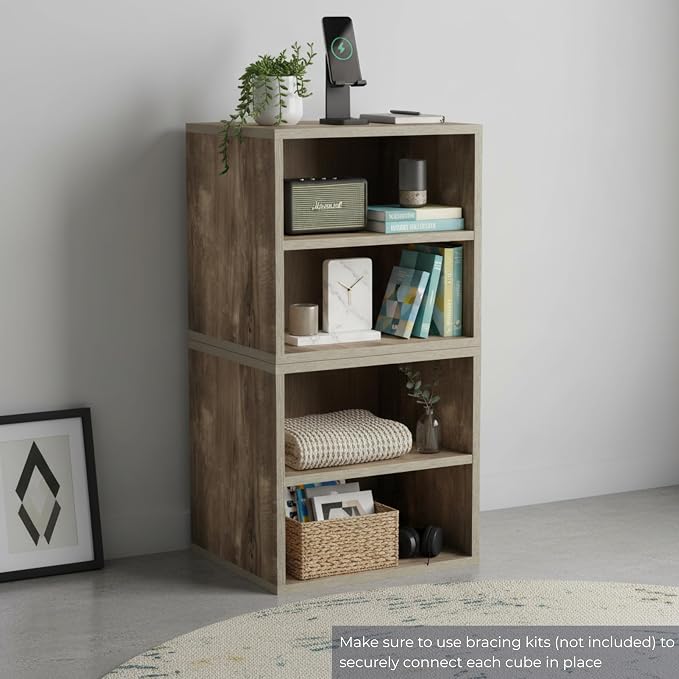 Lavish Home Cube Storage Organizer – 2-Shelf Modular Stackable Bookshelf – Minimalist Modern Nightstand & End Table, Stackable Modular Accent Table for Bedroom, Living Room, or Office (Gray Woodgrain)