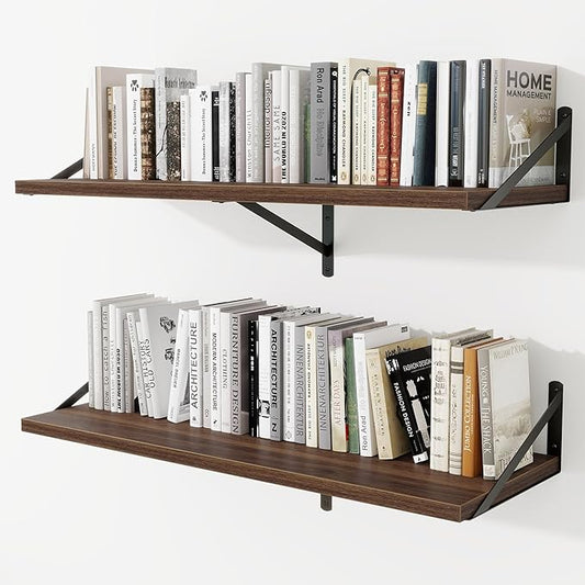 Deep Wall Shelves 40"W x 12"D Engineered Wood Floating Shelves for Wall, Sturdy Metal Bracket Bookshelves Home Decor Storage for Living Room Bedroom Bathroom Kitchen, Set of 2, Walnut Finish