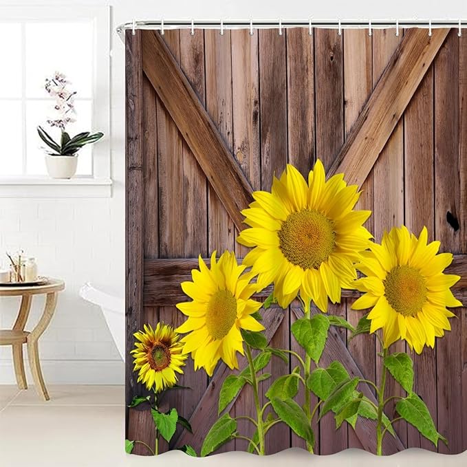 Rustic Farmhouse Shower Curtain for Bathroom Yellow Sunflowers Vintage Wood Door Shower Curtain Retro Country Washable Polyester Durable Fabric Shower Curtain with Hooks, 72x84 Inch