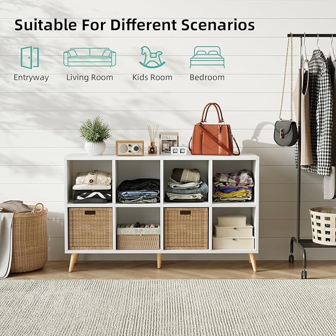 Flrrtenv 8-Cube Bookshelf 2 Tier Modern Bookcase with Legs, 11in Shelf Opening, 47" Wood Bookshelves Storage Organizer Shelf, Freestanding Open Book Shelves for Bedroom Living Room Office, White
