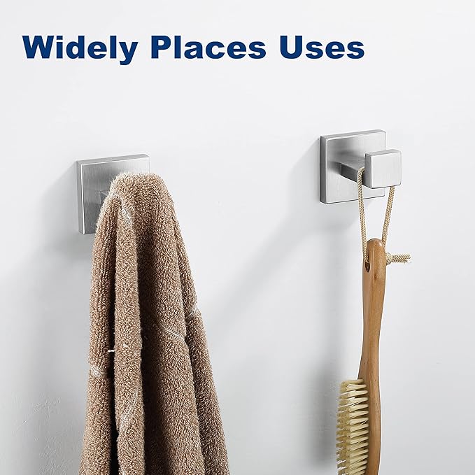 Towel Hooks for Bathrooms, Brushed Nickel Towel Hook for Kitchen Bathroom, SUS304 Stainless Steel Coat Hook, Square Heavy Duty Holder Robe Hooks for Hanging Towels, Coats, sponges, Wall Mount, 4 Pack