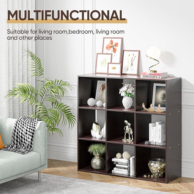 SUPER DEAL 9 Cube Storage Organizer, 3 Tier Bookshelf Open Shelf Display Rack with 5 Removable Back Panels Wood Bookshelf System for Home, Office, Bedroom, Living Room, Dark Brown