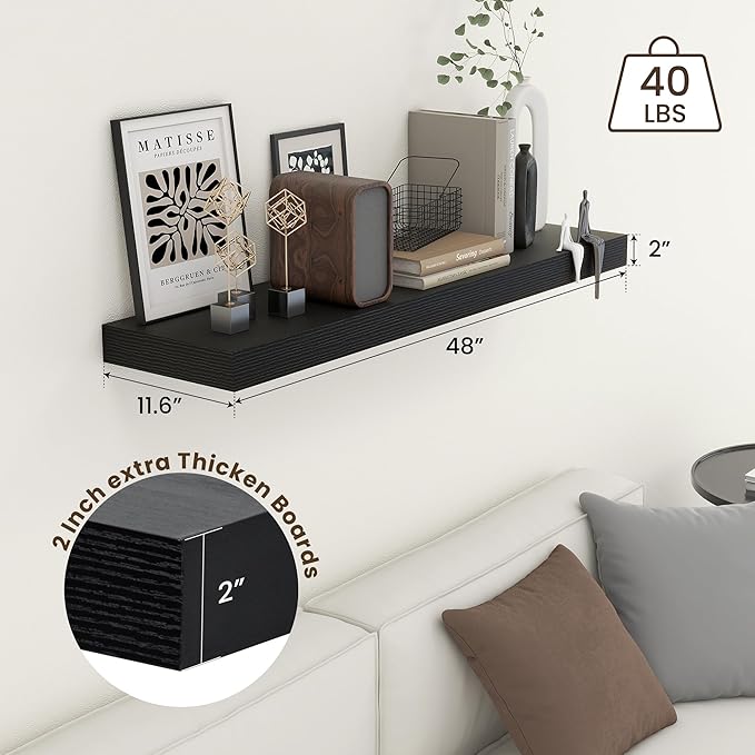 48 Inch Black Floating Shelf | 12 Inch Deep Floating Shelves Set of 1 | 48" D x 12" D Rustic Wood Shelves for Wall | Deep Black Shelves for Living Room Bathroom Laundry Room Kitchen
